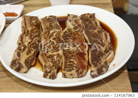 Korean style bbq. Marinated beef ribs Korean style bbq. Marinated beef ribs 114167963