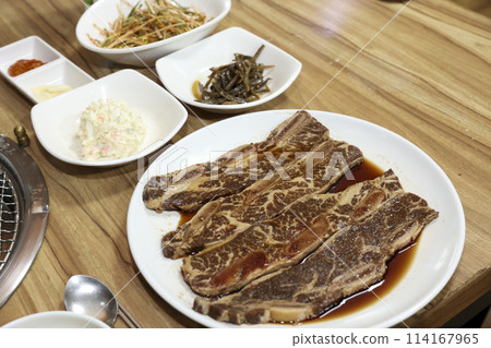 Korean style bbq. Marinated beef ribs 114167965