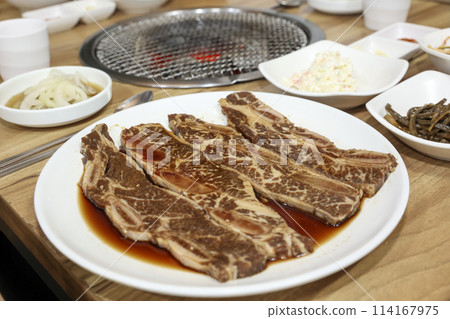 Korean style bbq. Marinated beef ribs 114167975