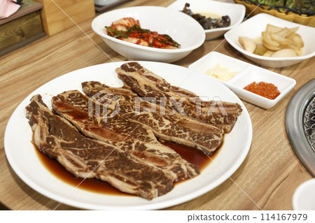 Korean style bbq. Marinated beef ribs Korean style bbq. Marinated beef ribs 114167979