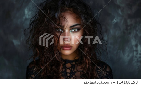 Teen Indian Woman with Brown Curly Hair Goth style Illustration. 114168158