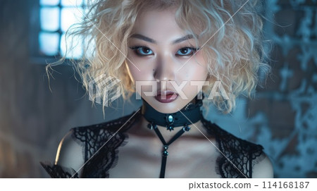 Teen Chinese Woman with Blond Curly Hair Goth style Illustration. Teen Chinese Woman with Blond Curly Hair Goth style Illustration. 114168187