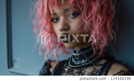 Teen Black Woman with Pink Curly Hair Goth style Illustration. Teen Black Woman with Pink Curly Hair Goth style Illustration. 114168196