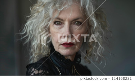 Old White Woman with Blond Curly Hair Goth style Illustration. 114168221