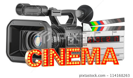 Filmmaking or film production concept. Professional video camera and digital clapperboard with cinema signboard from golden light bulb letters. 3D rendering 114168263