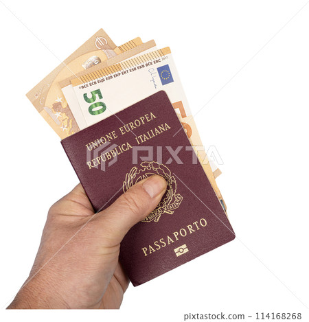 an Italian passport with euro banknotes 114168268