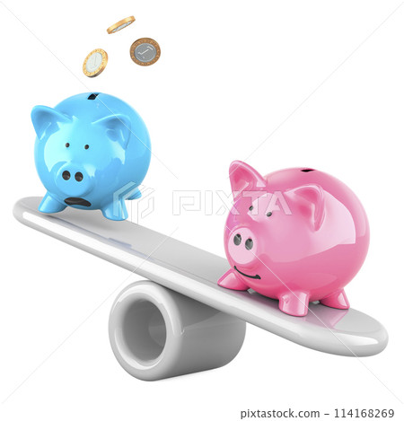 Piggy banks on imbalance seesaw, Concept of social inequality between rich and poor. 3D rendering Piggy banks on imbalance seesaw, Concept of social inequality between rich and poor. 3D rendering 114168269