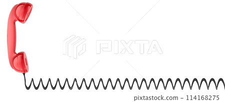 Red handset, telephone receiver with long phone cord. 3D rendering 114168275