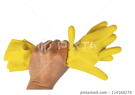 a yellow rubber cleaning glove 114168276