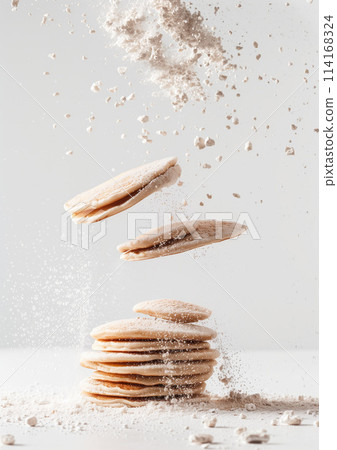 High-resolution image freezes a playful moment of pancakes being tossed with a burst of powdered sugar, suggesting the joy and motion involved in cooking this delightful breakfast staple 114168324