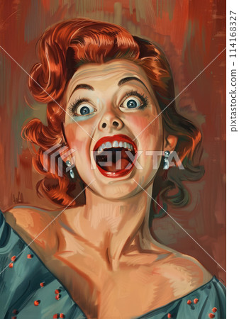 Retro-inspired digital painting of a woman expressing surprise with a wide open mouth and bright eyes, high quality illustration Retro-inspired digital painting of a woman expressing surprise with a wide open mouth and bright eyes, high quality illustration 114168327