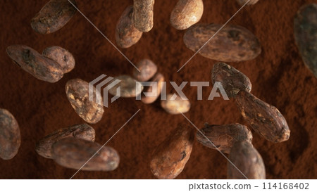 Freeze motion of flying group of cocoa beans. Freeze motion of flying group of cocoa beans. 114168402