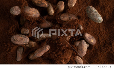 Freeze motion of flying group of cocoa beans. Freeze motion of flying group of cocoa beans. 114168403