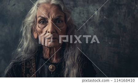 Old Indian Woman with Blond Straight Hair Goth style Illustration. 114168410