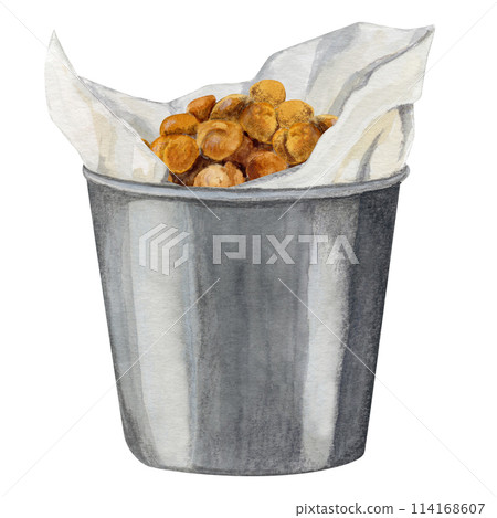 Hand-drawn watercolor illustration of snack bucket refried beans 114168607