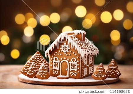 Gingerbread house on table. Defocused lights of Christmas garland. Evening in the living room. Holiday mood.  114168628