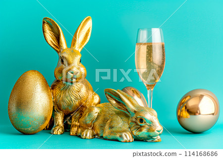 A champagne glass, golden rabbit figurine sand Easter gold eggs on plane background 114168686