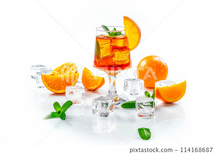 Refreshing summer cocktail with orange, mint and ice on white background 114168687