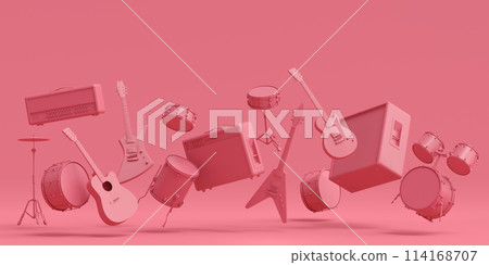 Set of electric acoustic guitars, amplifiers and drums with cymbal on monochrome 114168707