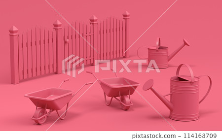 Garden wheelbarrow with garden tools like shovel, rake and fork on monochrome 114168709