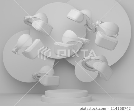 Set of video game VR virtual reality glasses on monochrome podium Set of video game VR virtual reality glasses on monochrome podium 114168742
