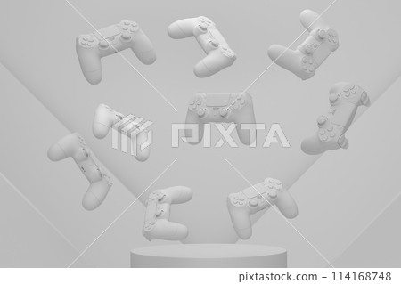 Set of video game joystick on cylinder podium with step on monochrome Set of video game joystick on cylinder podium with step on monochrome 114168748