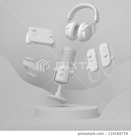 Set of video game joystick, microphone and headphones on monochrome podium 114168759