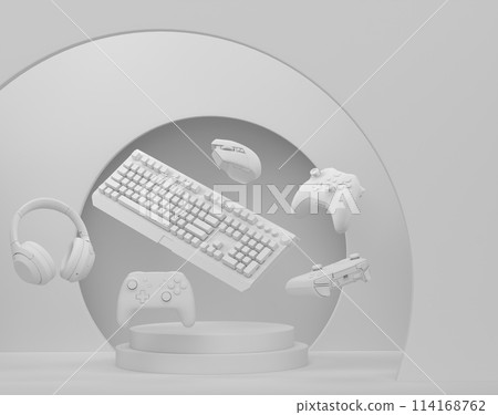 Set of video game joystick, keyboard and headphones on monochrome podium 114168762