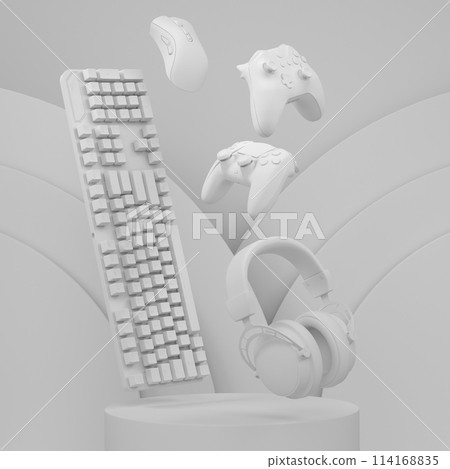 Set of video game joystick, keyboard, mouse and headphones on monochrome podium 114168835