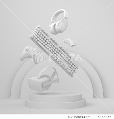 Set of video game joystick, VR glasses and headphones on monochrome podium 114168836