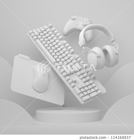 Set of video game joystick, keyboard, mouse and headphones on monochrome podium 114168837