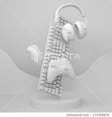 Set of video game joystick, keyboard and headphones on podium on monochrome 114168838