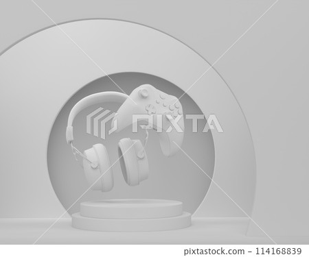 Set of video game joystick and headphones on podium with step on monochrome 114168839