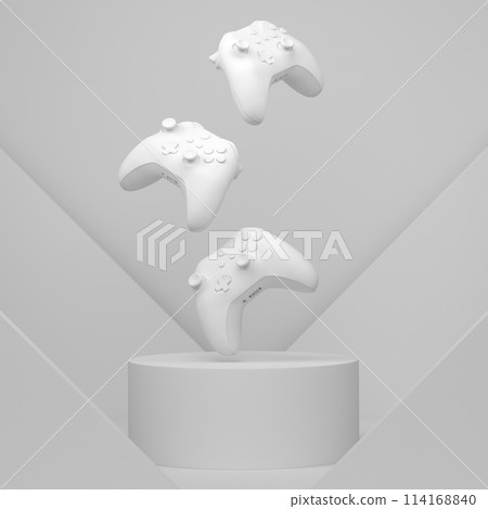 Set of video game joystick on cylinder podium with step on monochrome 114168840