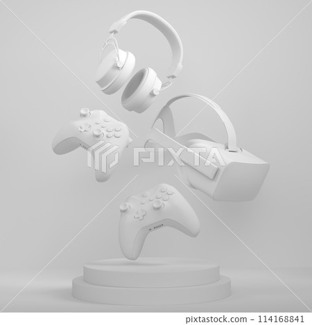 Set of video game joystick, VR glasses and headphones on monochrome podium Set of video game joystick, VR glasses and headphones on monochrome podium 114168841
