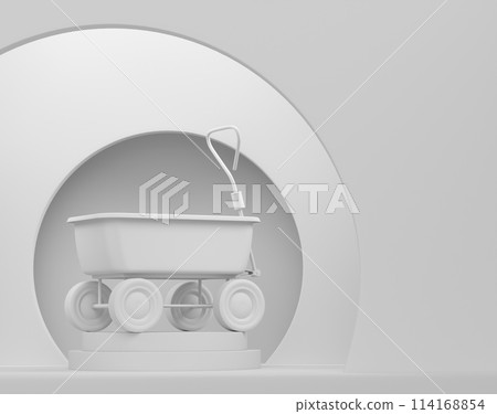 Garden wheelbarrow with garden tools on cylinder podium with step on monochrome 114168854