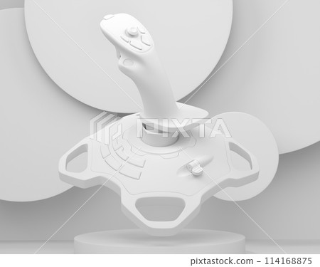 Video game joystick for flight simulator on cylinder podium with step 114168875