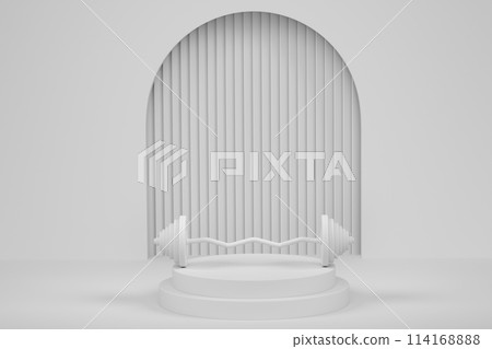 Barbell with metal disks on cylinder podium with steps on monochrome background Barbell with metal disks on cylinder podium with steps on monochrome background 114168888