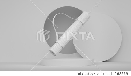 Yoga mat or lightweight foam camping bed roll pad on cylinder podium with steps 114168889