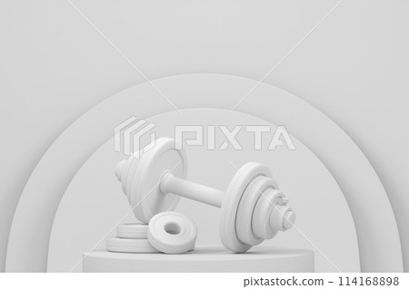 Dumbbell with metal disks on cylinder podium with steps on monochrome background Dumbbell with metal disks on cylinder podium with steps on monochrome background 114168898