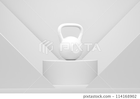 Kettlebell with metal disks on cylinder podium with steps on monochrome Kettlebell with metal disks on cylinder podium with steps on monochrome 114168902