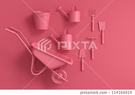 Garden wheelbarrow with garden tools like shovel, rake and fork on monochrome Garden wheelbarrow with garden tools like shovel, rake and fork on monochrome 114168919