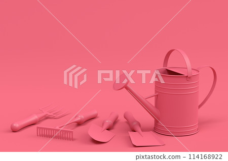 Watering can with garden tools like shovel, rake and fork on monochrome Watering can with garden tools like shovel, rake and fork on monochrome 114168922