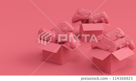 Set of gamer joysticks or gamepads in cardboard box on monochrome background Set of gamer joysticks or gamepads in cardboard box on monochrome background 114168923