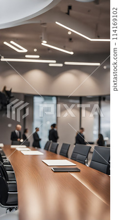 Minimalist business meeting room captured with selective focus on sleek conference table, with blurred participants in background 114169102