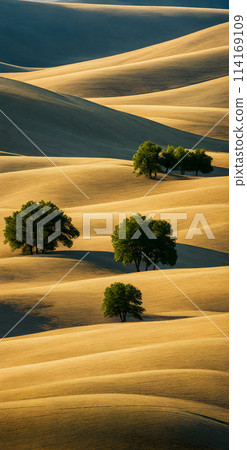 Minimalist summer landscape basking under the bright sun, sparse trees dotting the horizon, clear blue sky Minimalist summer landscape basking under the bright sun, sparse trees dotting the horizon, clear blue sky 114169109