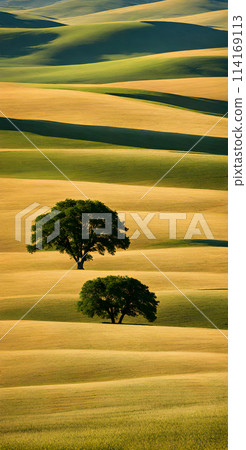 Minimalist summer landscape basking under the bright sun, sparse trees dotting the horizon, clear blue sky Minimalist summer landscape basking under the bright sun, sparse trees dotting the horizon, clear blue sky 114169113