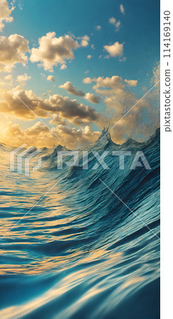 Smoothly blurred sky over a sun-kissed calm sea, golden sands of a tranquil beach in the foreground Smoothly blurred sky over a sun-kissed calm sea, golden sands of a tranquil beach in the foreground 114169140