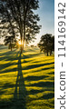 A summer landscape with a blazing sun casting long shadows, a minimalistic composition with few elements 114169142