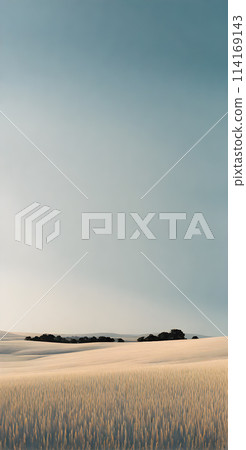 Sunny summer landscape embracing minimalism, vast open fields under a clear blue sky Sunny summer landscape embracing minimalism, vast open fields under a clear blue sky 114169143